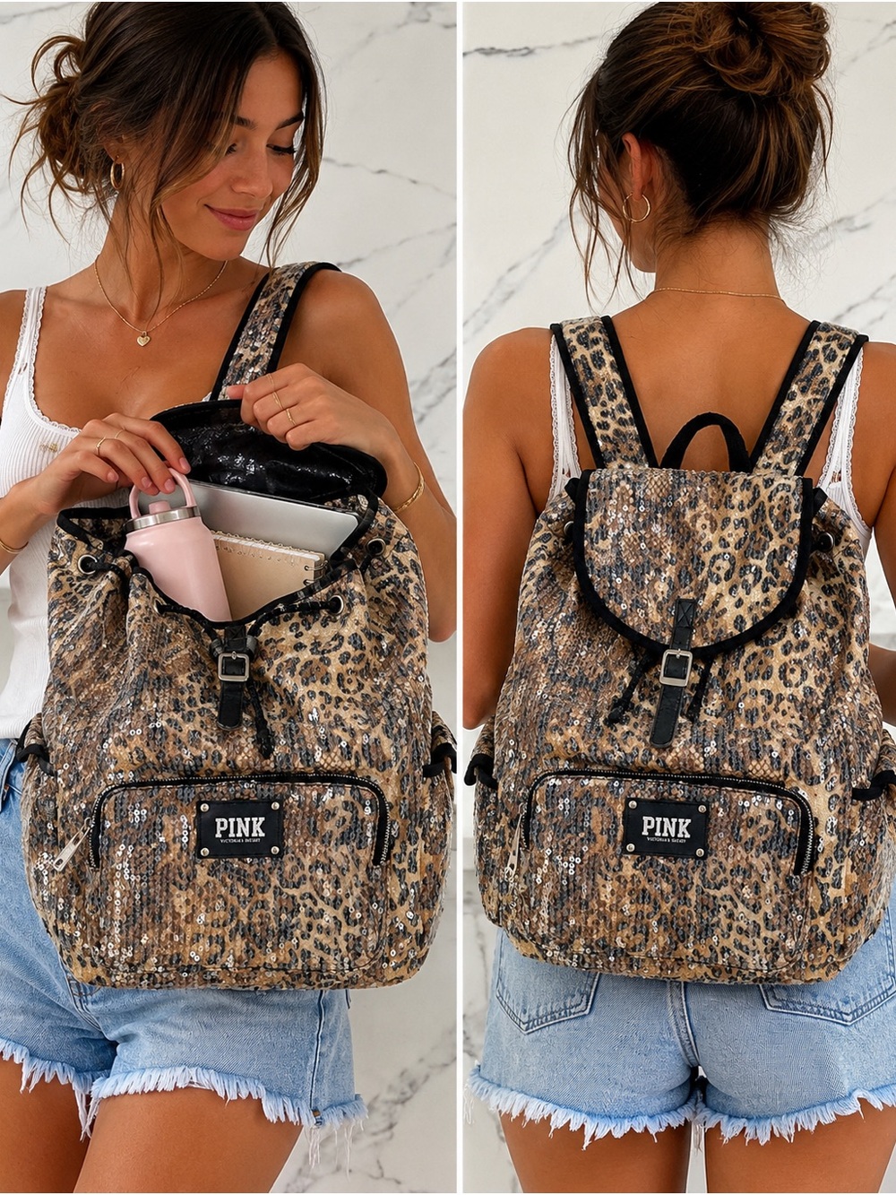 PINK Victoria's Secret Leopard Sequin Backpack in Tan and Black